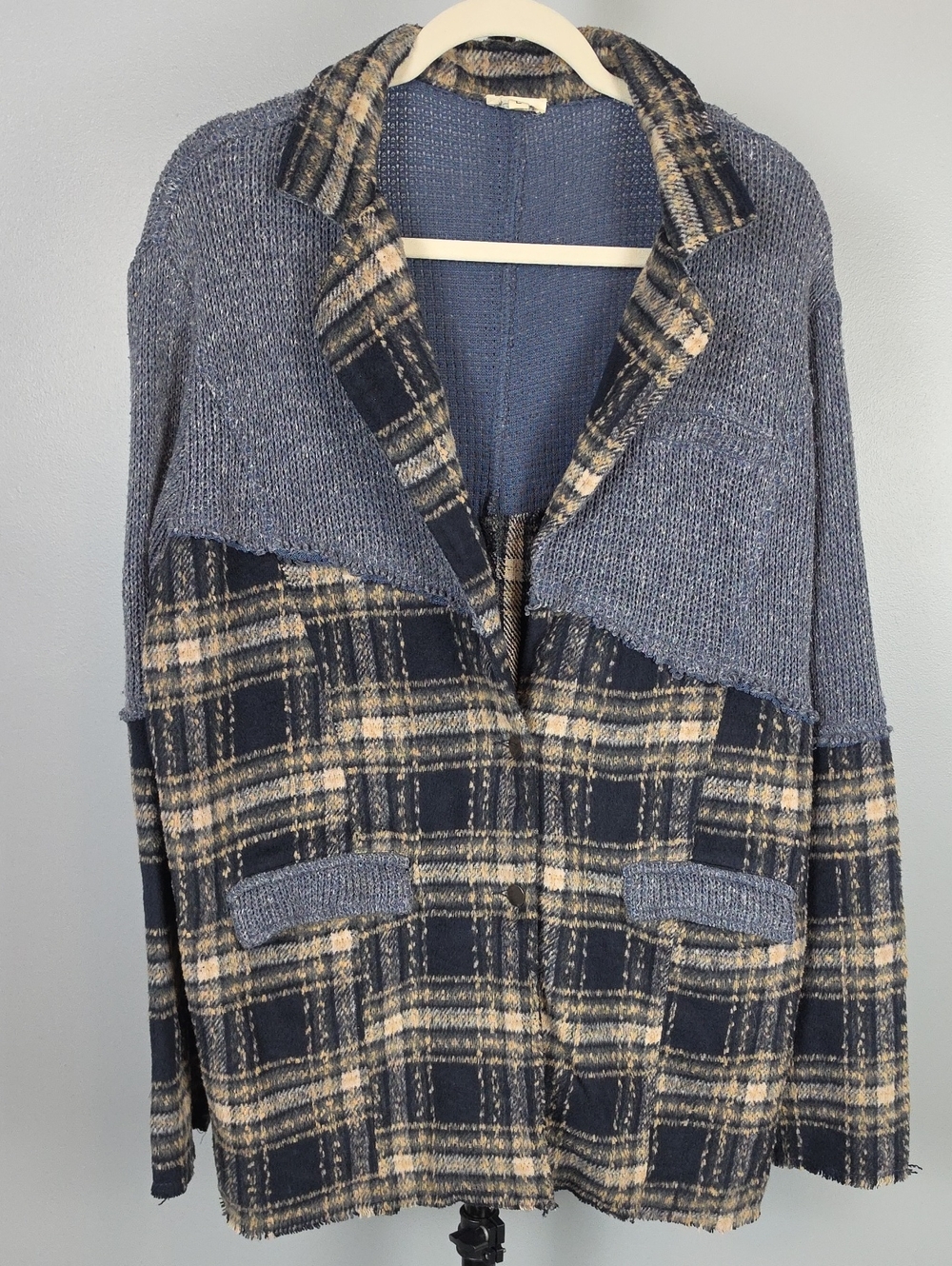 POL Mixed Media Knit Plaid Shacket Jacket, Size Large